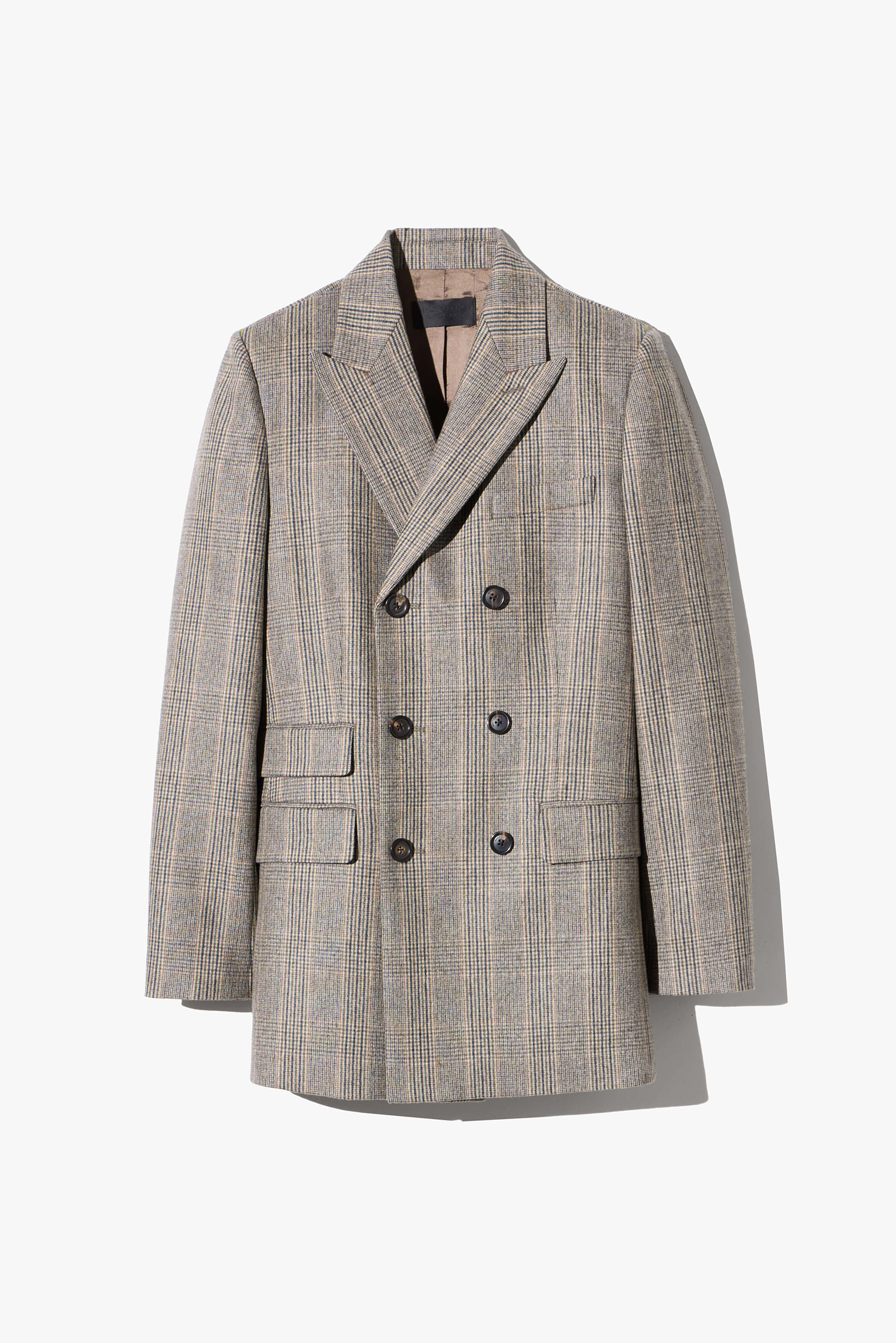 Double-breasted gray blazer with pinstripe pattern and three front pockets.