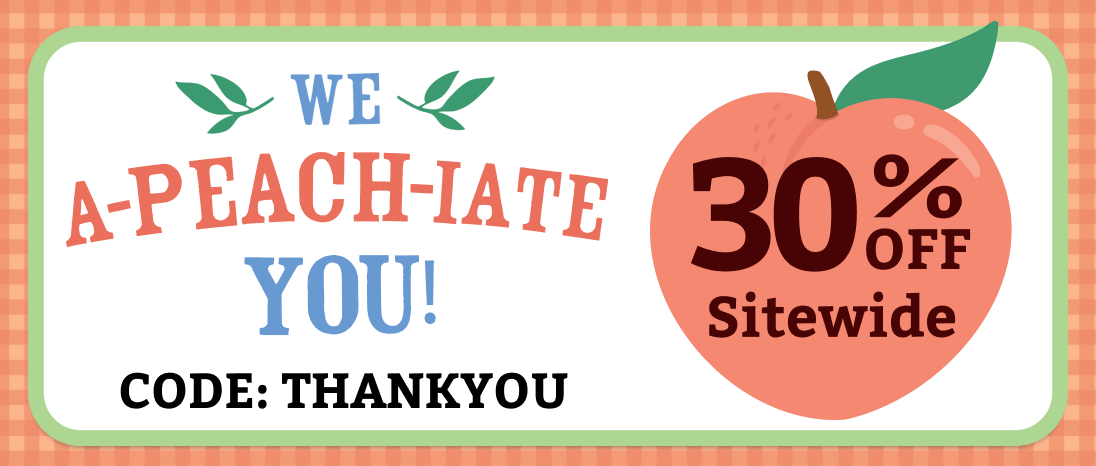 Promotional banner with peach graphic, offering 30% off using code THANKYOU.