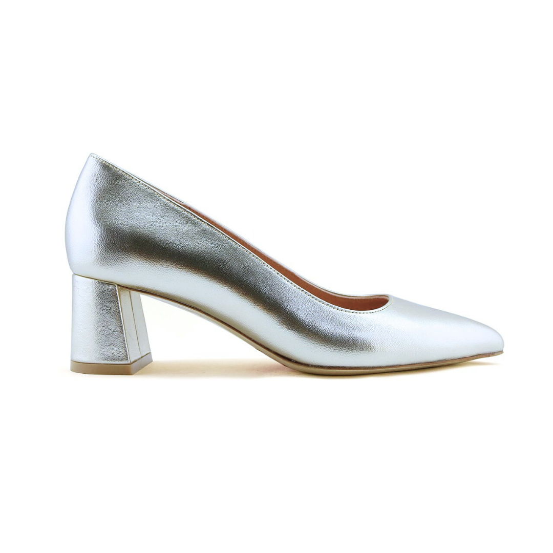 Silver high-heeled shoe with a chunky heel.