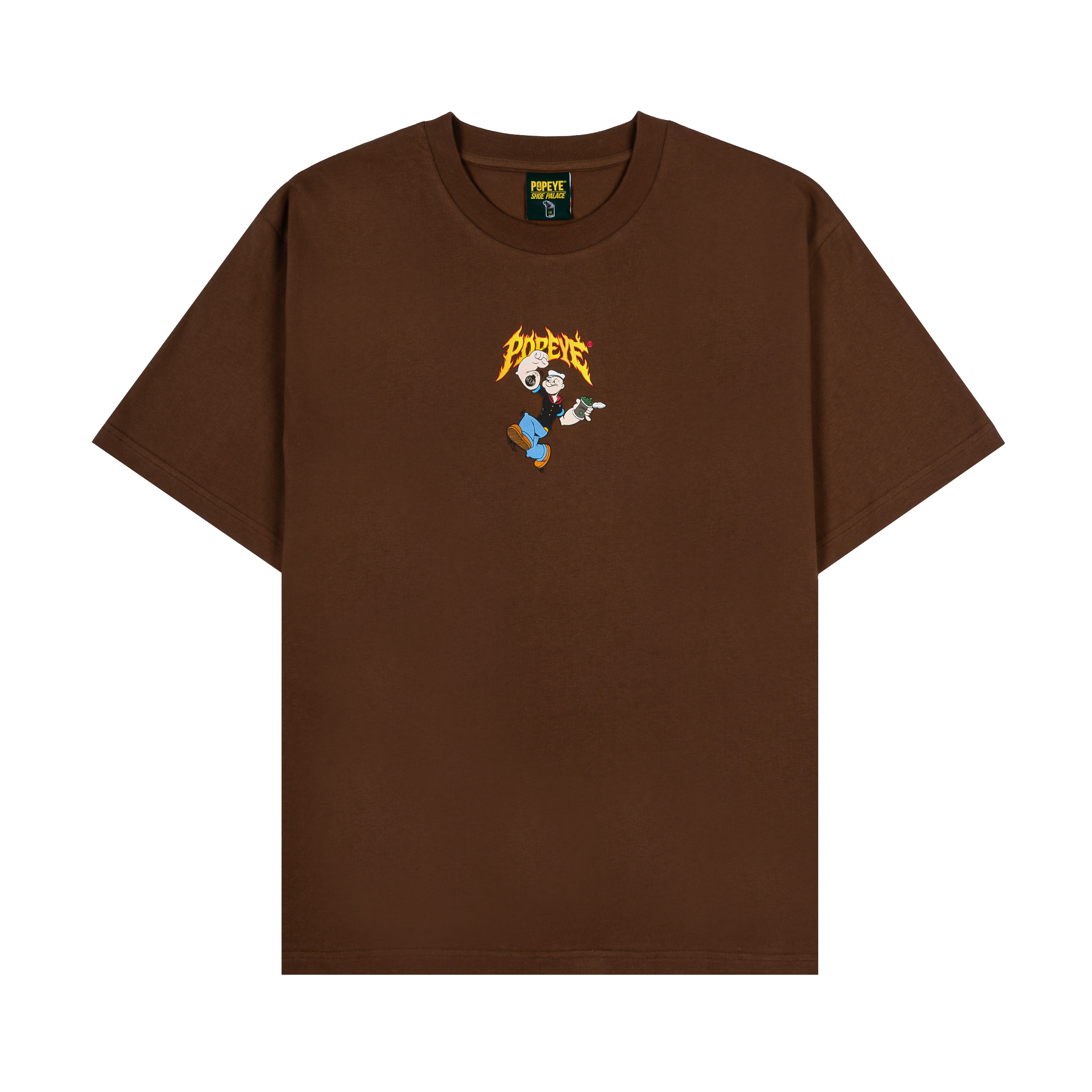 Brown t-shirt featuring a cartoon character with blonde hair and blue shoes.