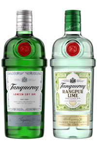 Two bottles of Tanqueray gin: London Dry and Rangpur Lime.