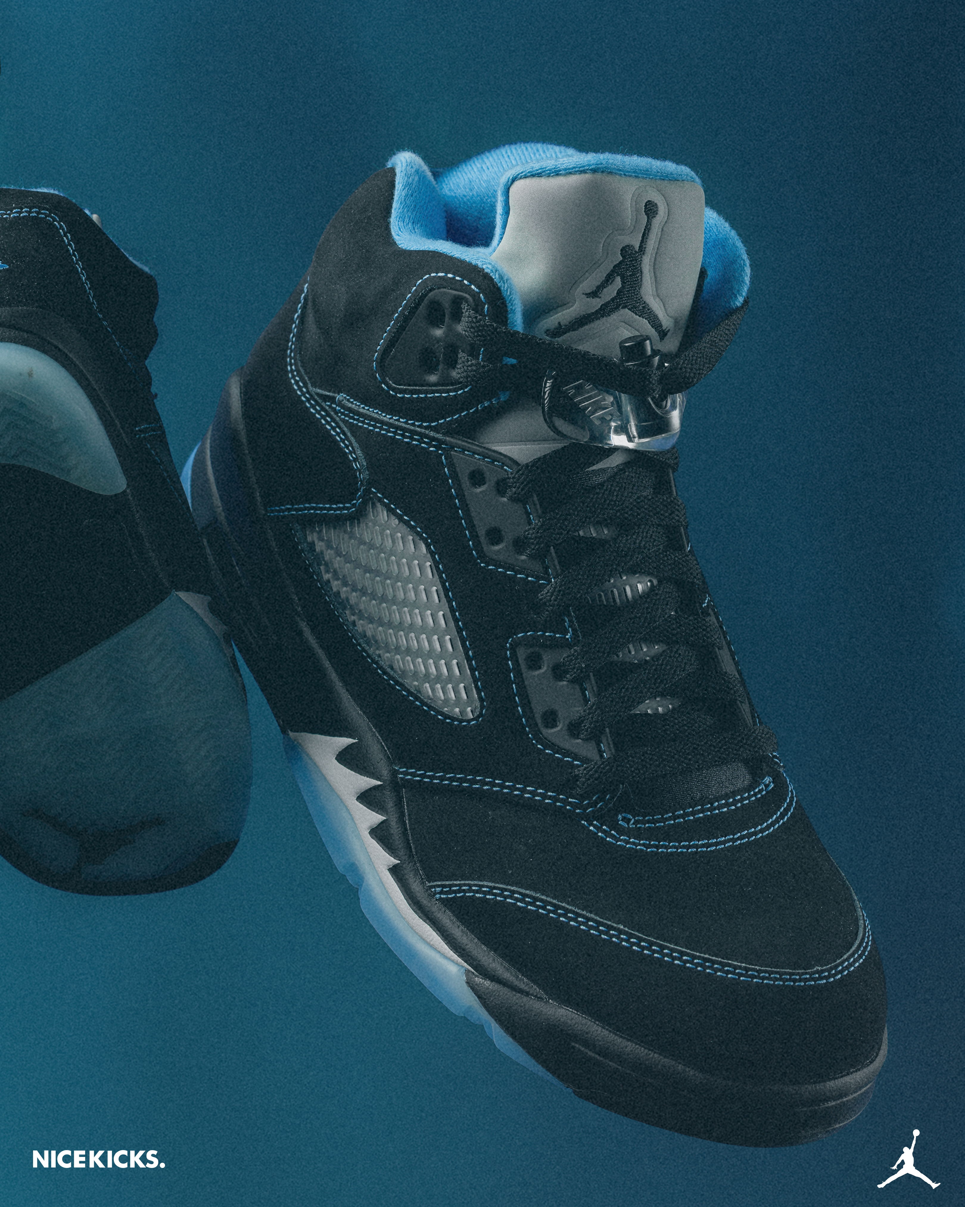 Black and blue Jordan sneakers against a dark background.
