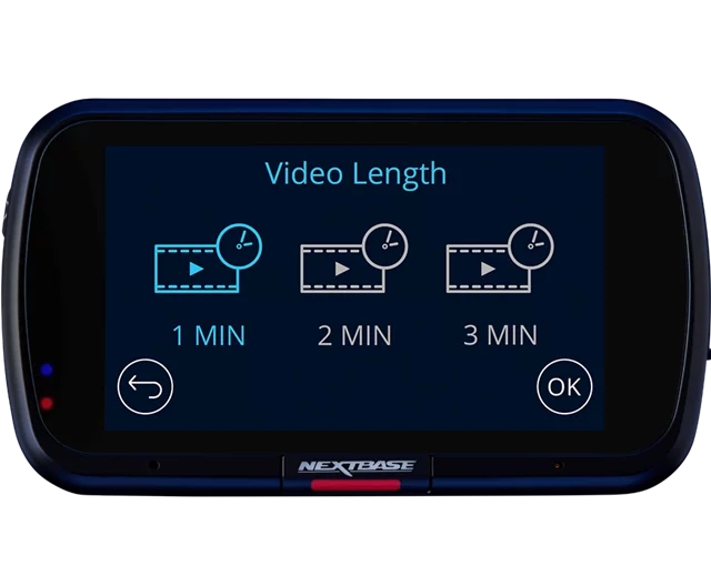 Display screen showing video length options: 1 min, 2 min, 3 min.