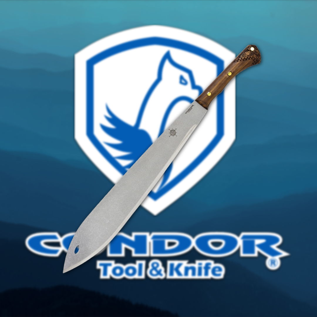 Knife with wooden handle over Condor Tool & Knife logo.