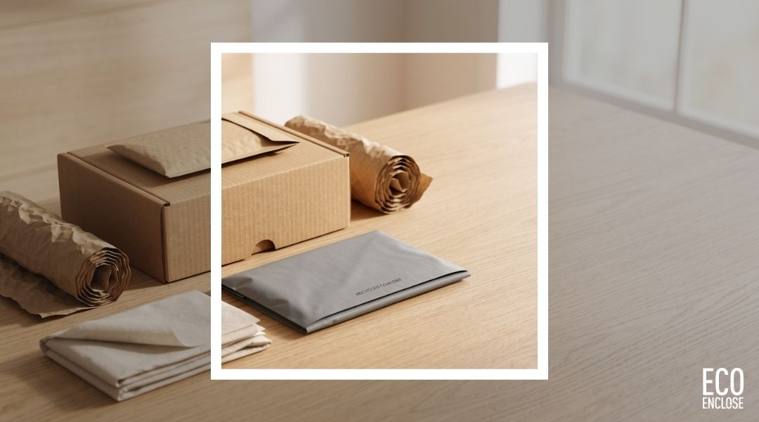 Various wrapped packages and a box on a wooden surface.