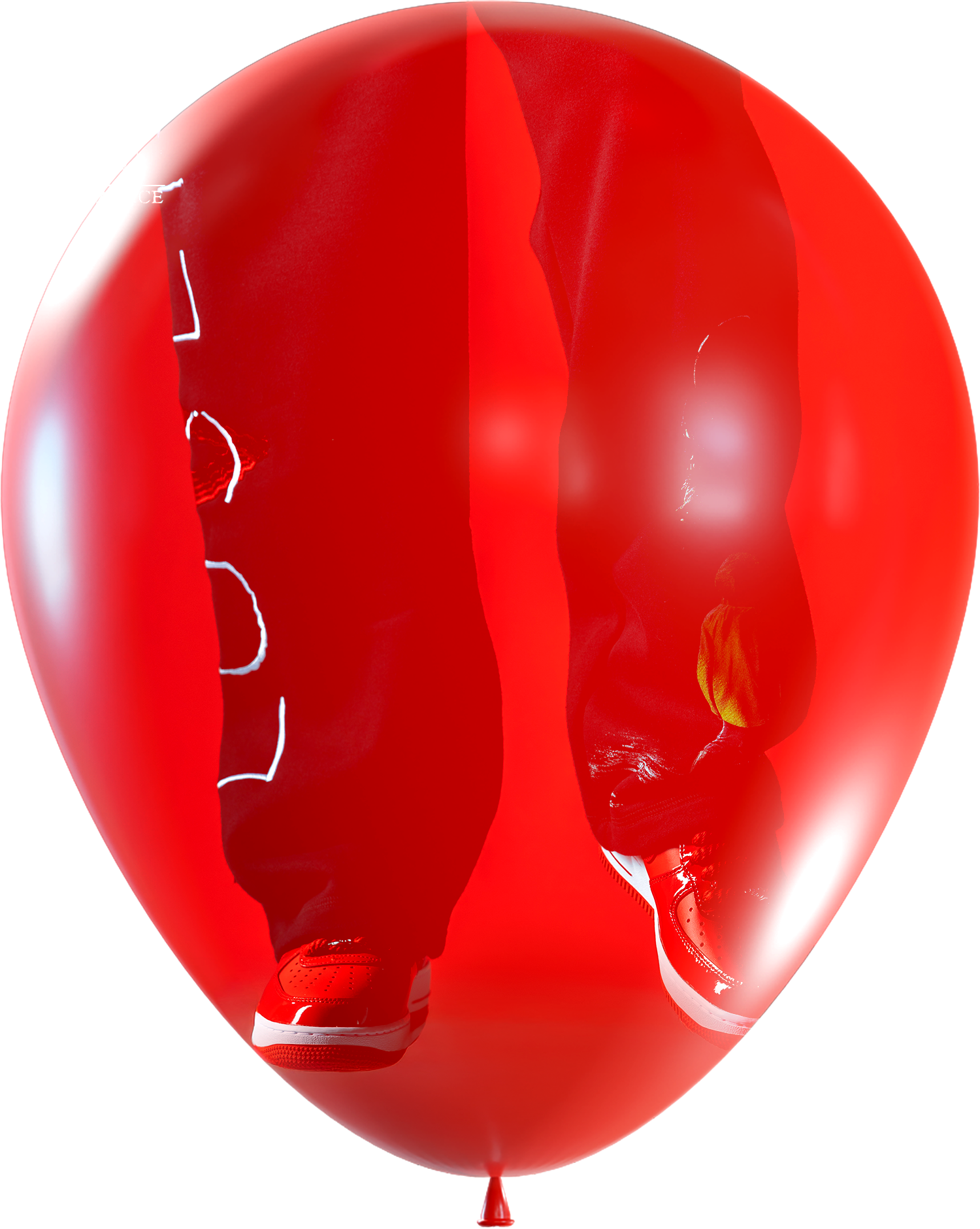 A large red balloon with a reflection of shoes and pants.