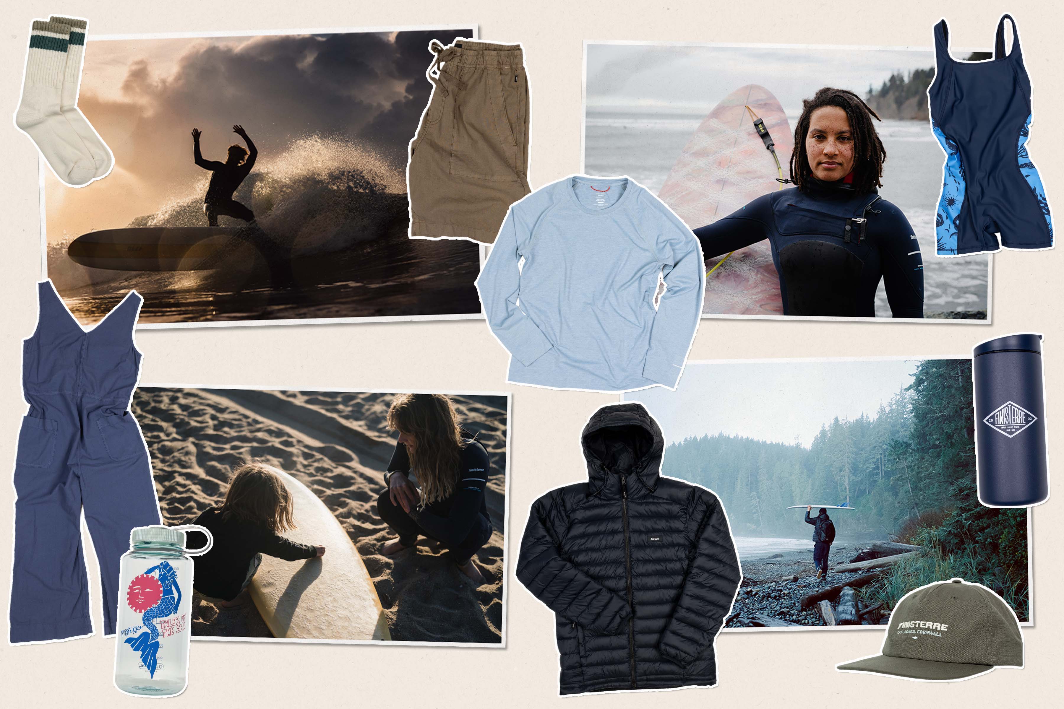 Collage of surfing gear and outdoor apparel with surf-related images.