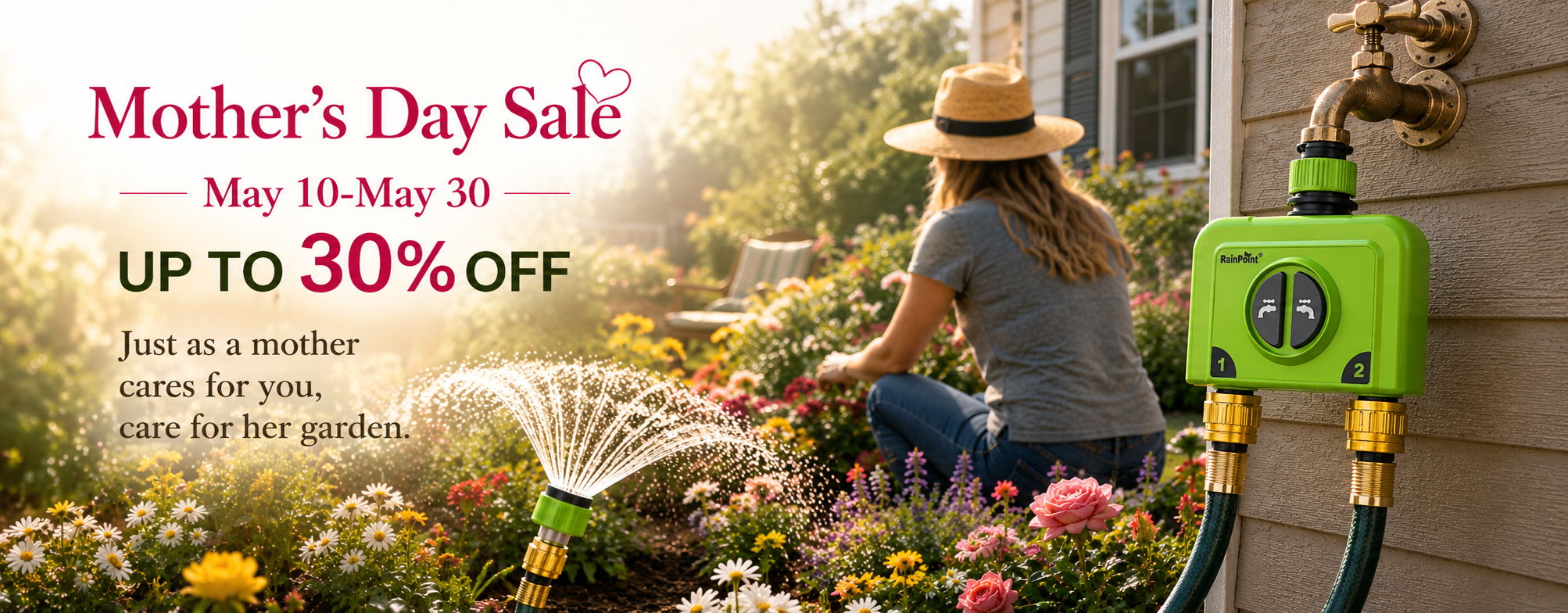 Mother's Day Sale advertisement with gardening theme and discounts.