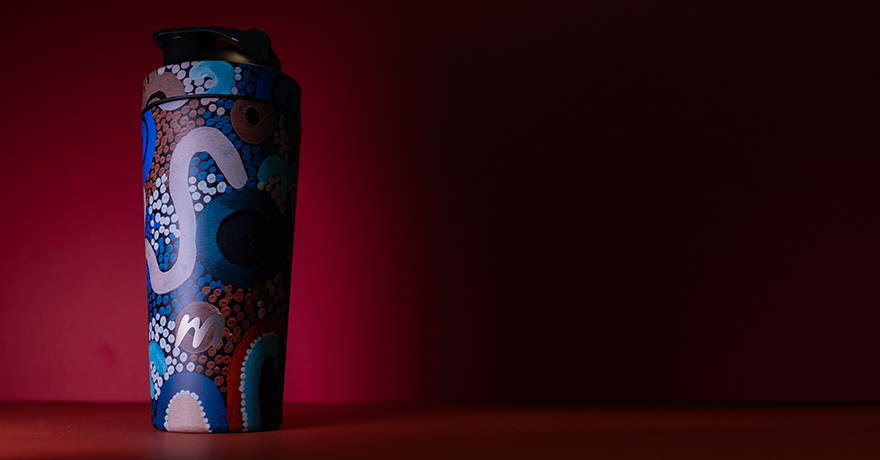 VPA Limited edition 'Mulganai' Shaker - artwork by Emma Hollingsworth. Collaboration with Local Indigenous Artist