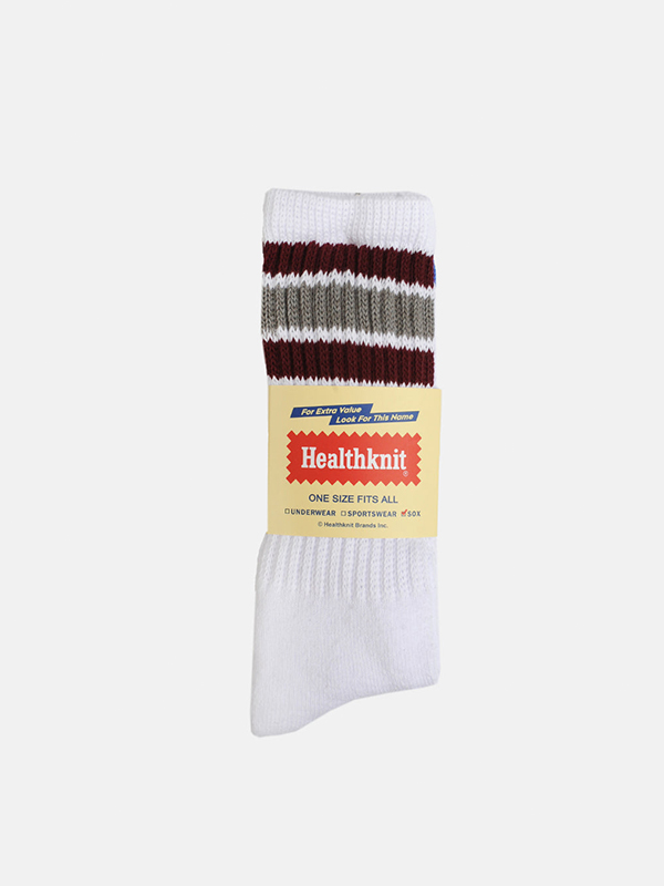 Healthknit 3-Pack Stripe Socks in Healthknit Branded Packaging, White sock with brown and grey stripe on top.