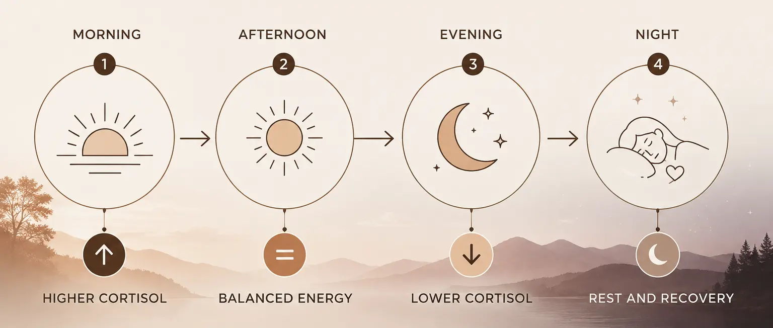Daily cortisol cycle illustration: morning, afternoon, evening, and night phases.