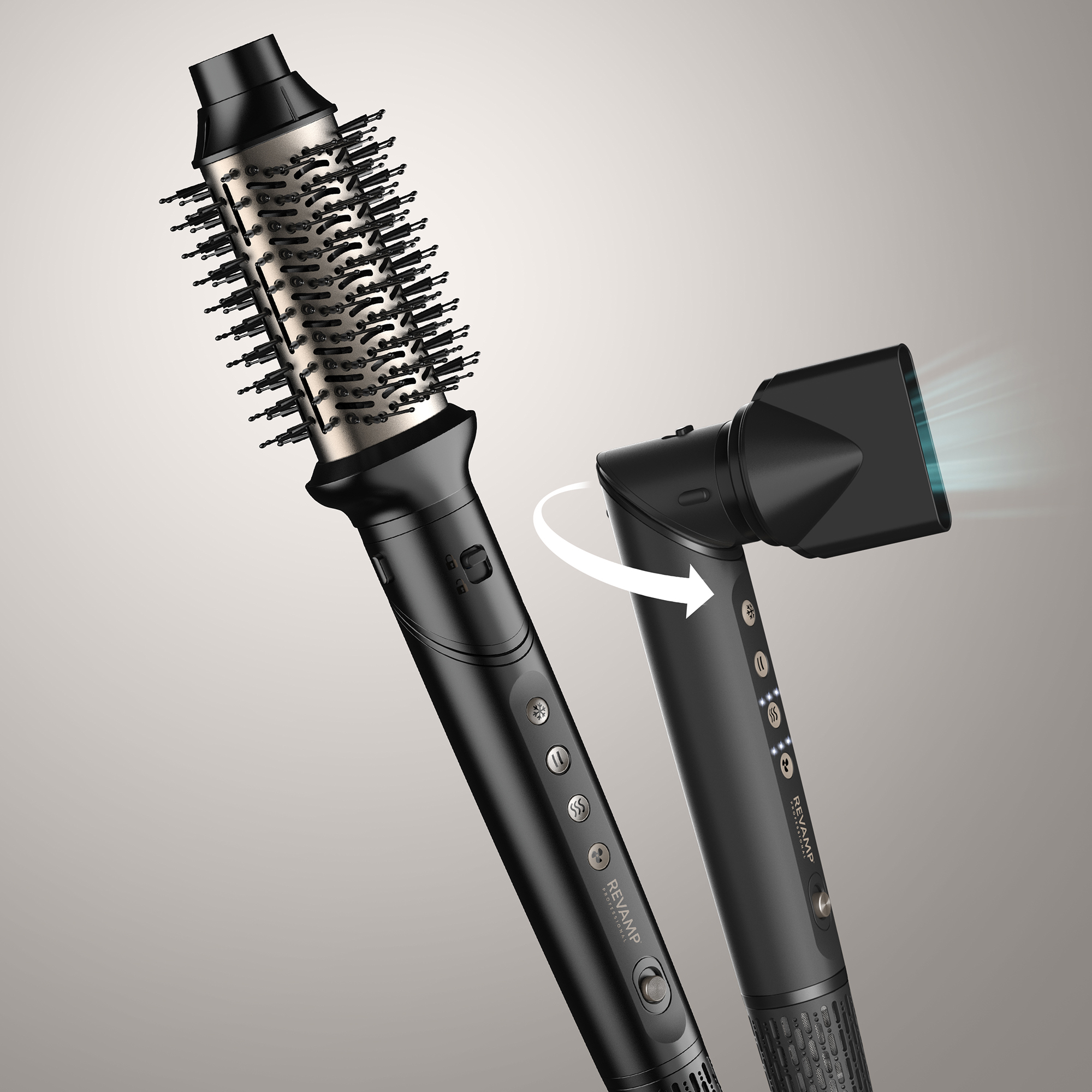 Hair styling tool with interchangeable brush and nozzle attachments.
