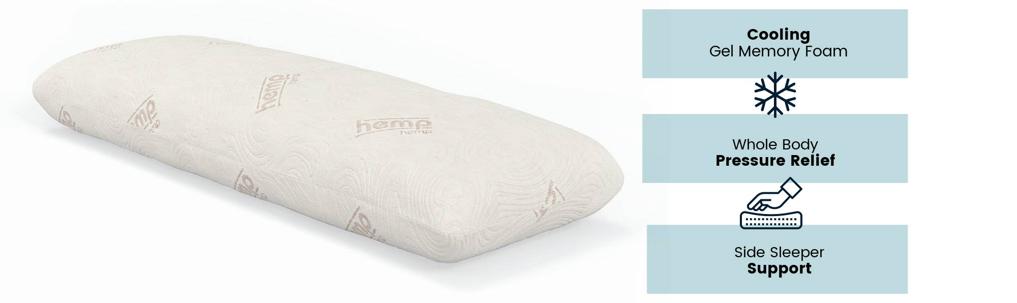 CBD and copper infused body pillow on a white background that has cooling gel memory foam, gives whole body pressure relief, and side sleeping support.