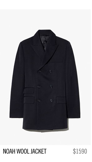 Noah wool jacket, double-breasted, dark color, priced at $1590.
