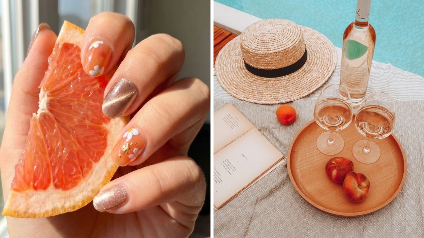 EyeCandys peach jelly press-on nails styled with white linen summer dress for outfit pairing inspiration