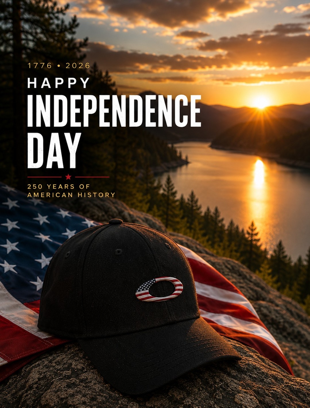Happy Independence Day with sunset, American flag, and a black cap.