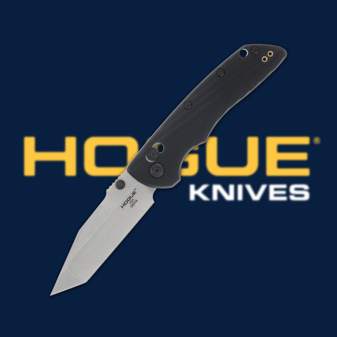 A folding knife with a black handle and stainless steel blade.
