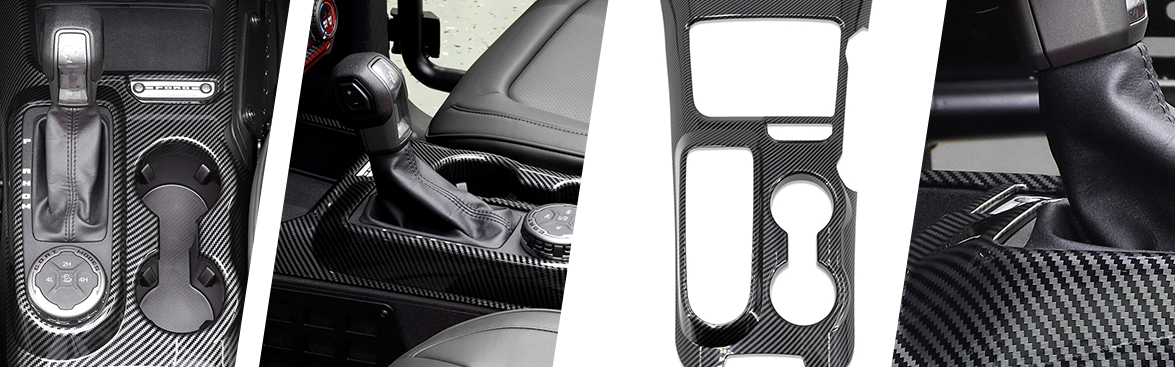 Photo collage of a carbon fiber shifter cover.