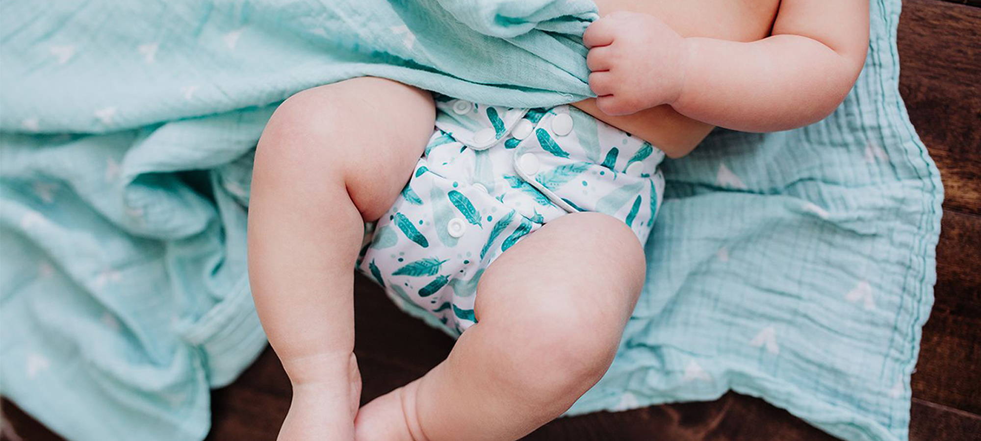 Simple Being safari themed cloth diaper, featuring a a blue and white feather design on our simply comfortable reusable diaper.