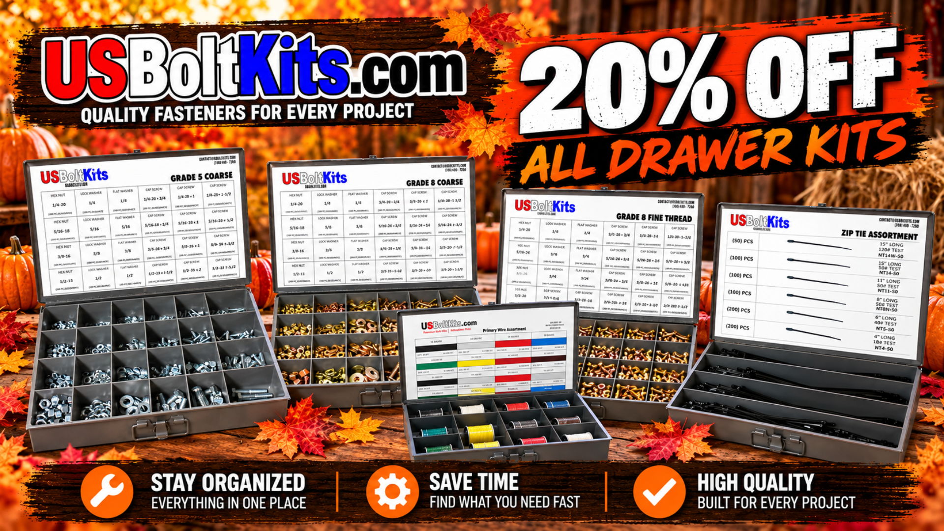 fall background with pumpkins and colorful leaves with fastener assortments in metal drawers being shown on a wooden table for usboltkits.com announcing a 20% off sale