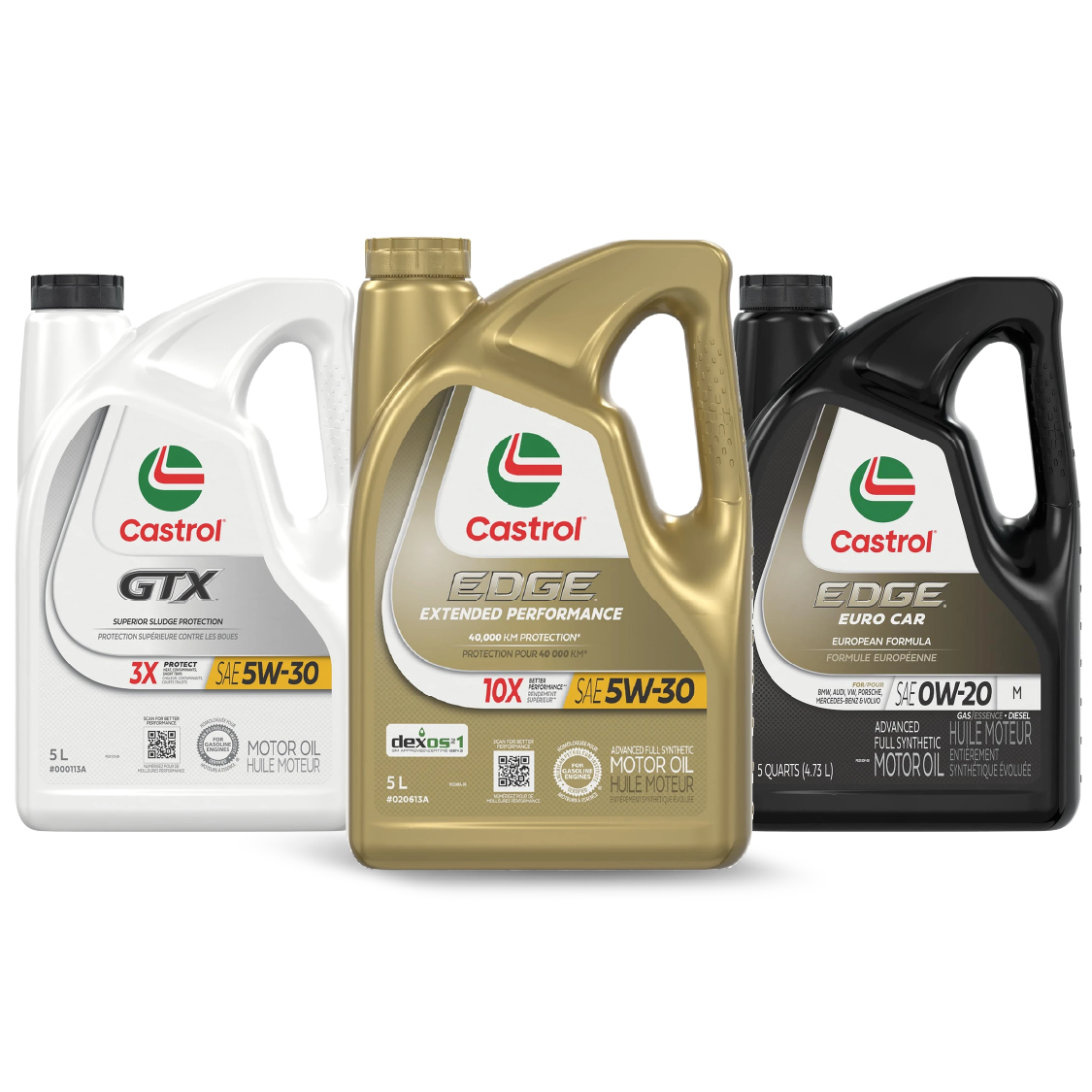Bottles of Castrol motor oil in different formulations and sizes.