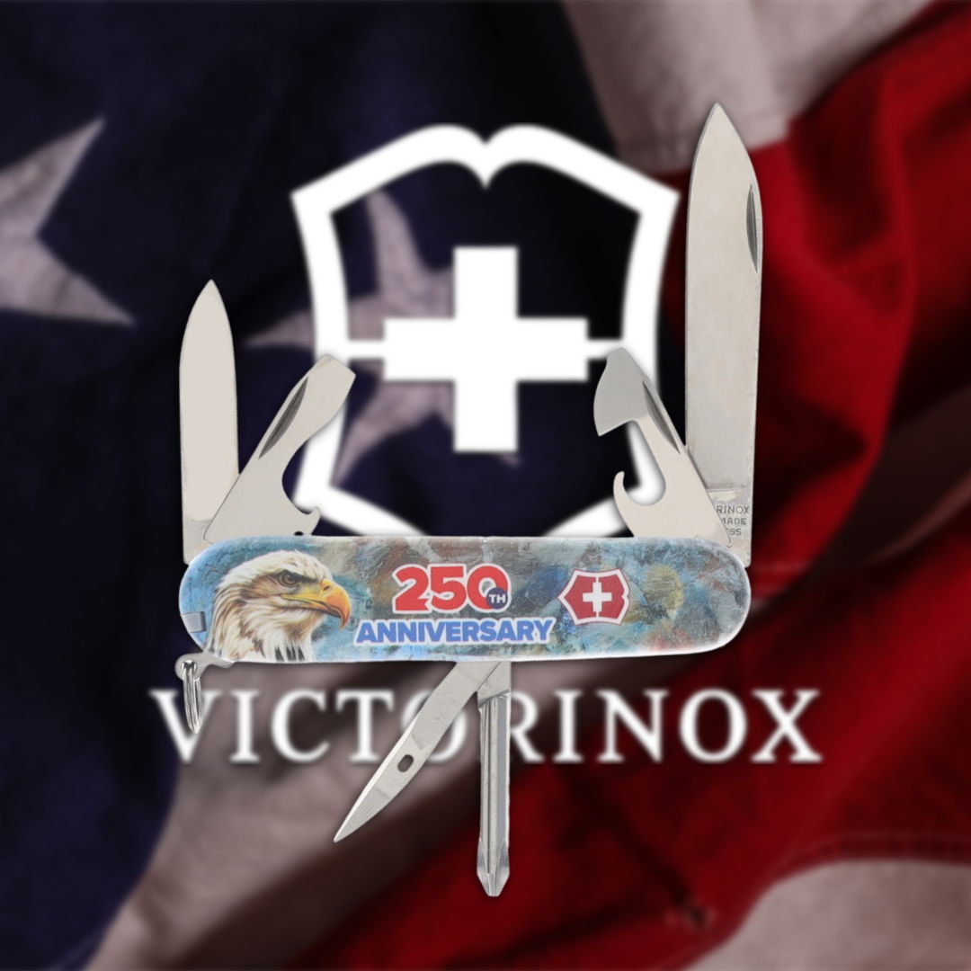 Victorinox Swiss Army knife on a flag background with logo.