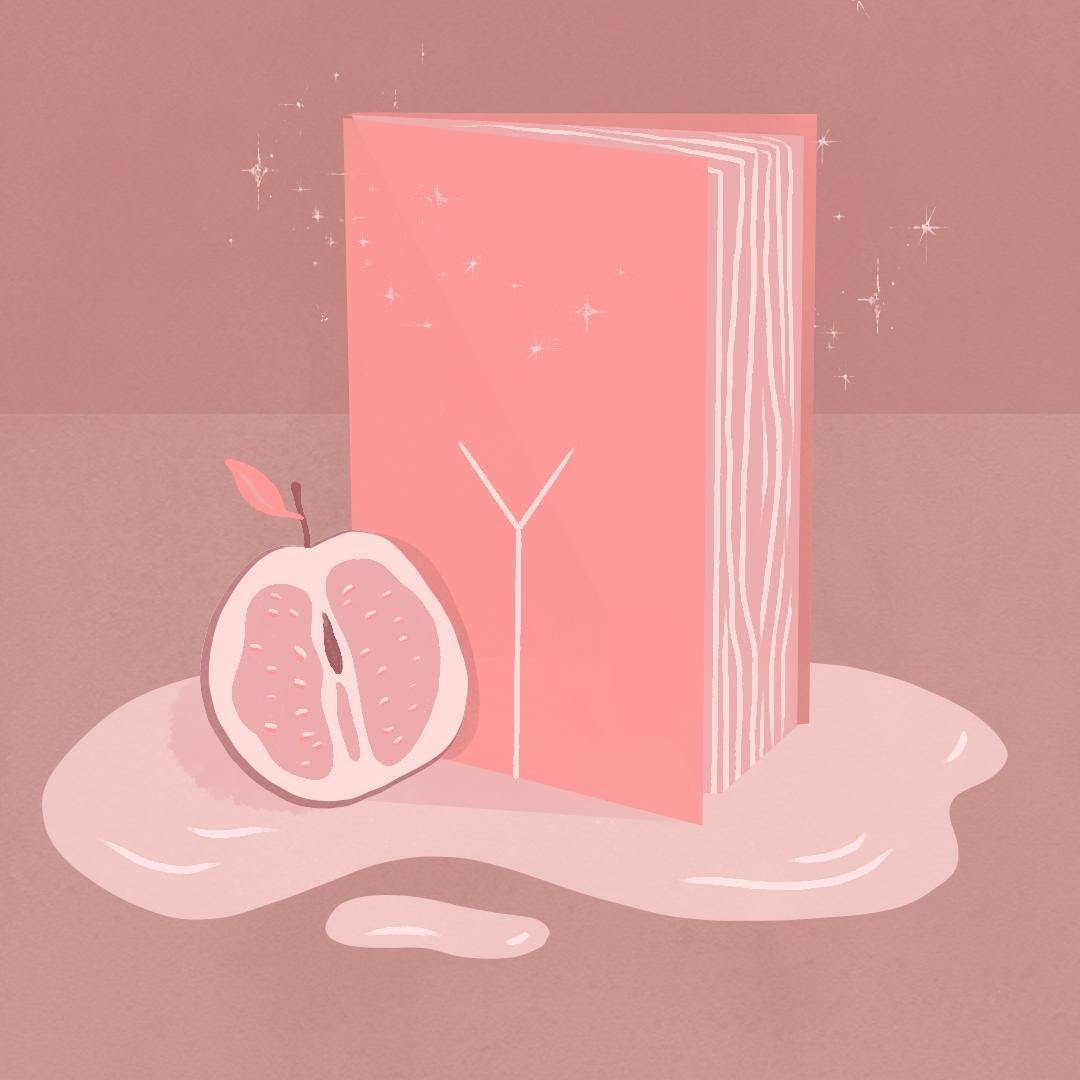 Ilustração de um livro em pé e metade de uma maçã