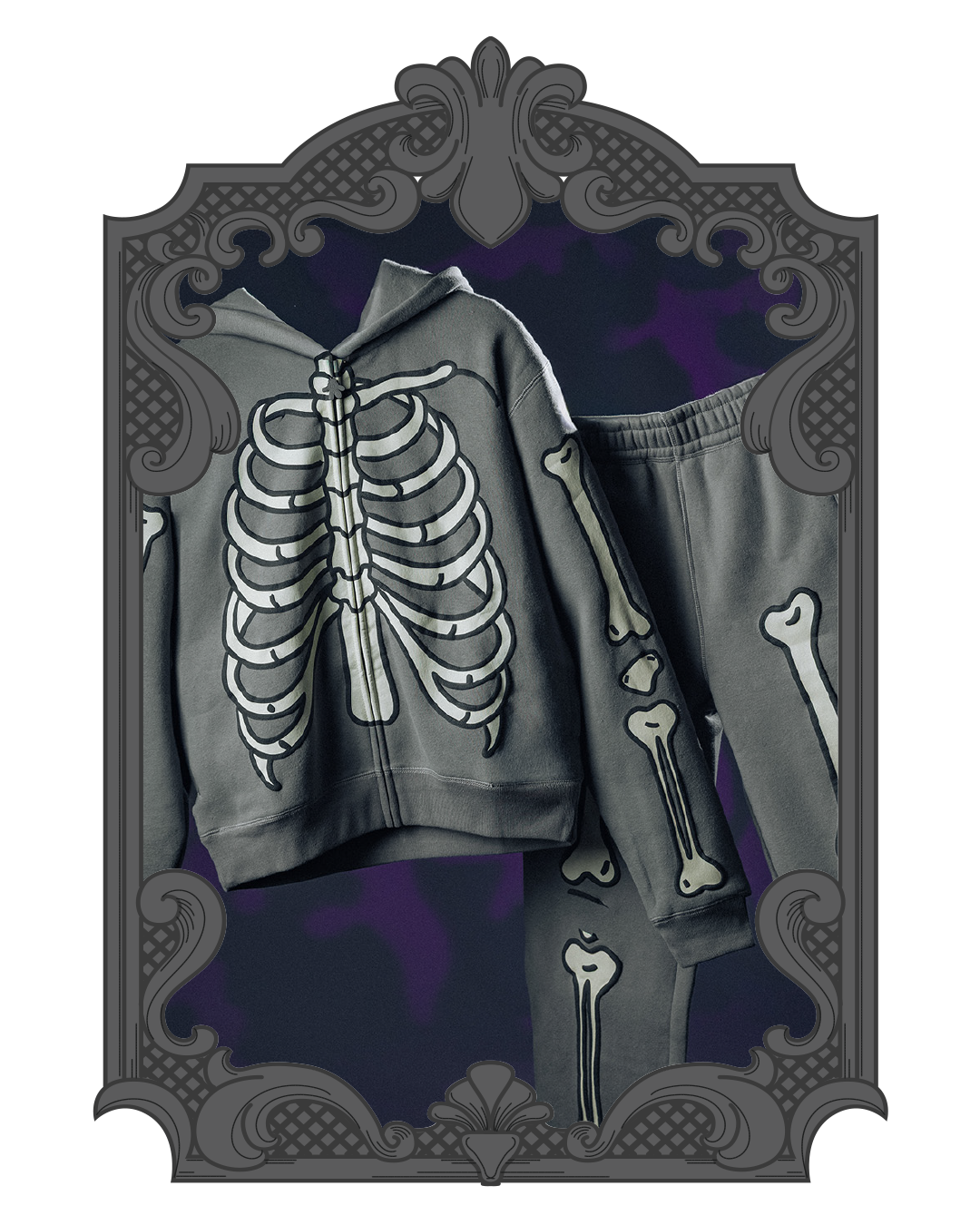 Skeleton-themed hoodie and pants set displayed against a dark background.