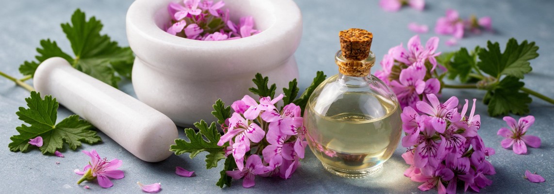 Mortar and pestle with flowers, essential oil bottle, and green leaves.
