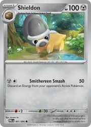 A Pokémon card featuring Shieldon, with its abilities and stats displayed.