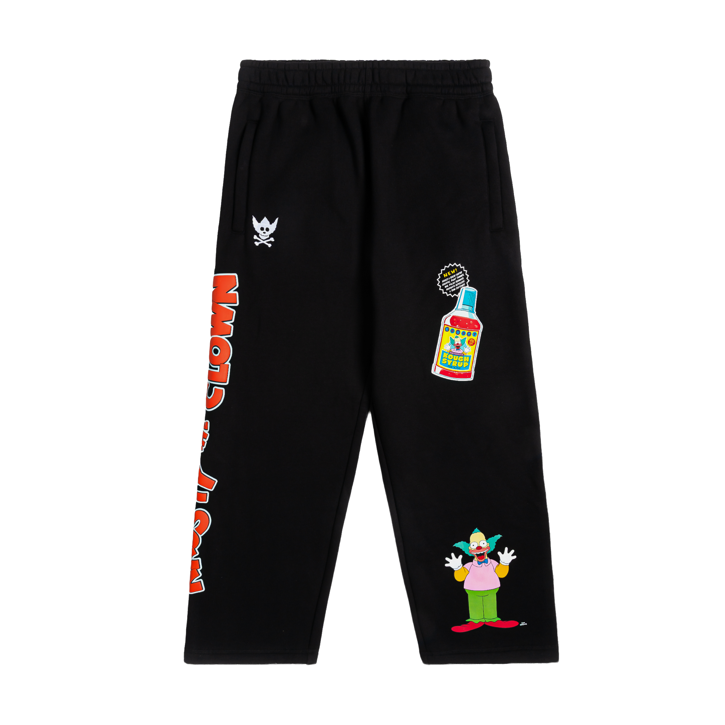 Black sweatpants with colorful clown and bottle designs.