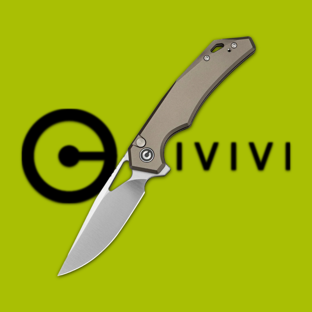 Folding knife with a beige handle and a silver blade on a green background.