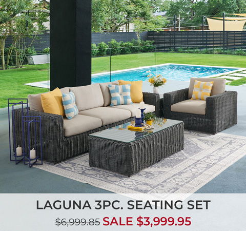 Laguna 3-piece seating set with a pool in the background, on sale.