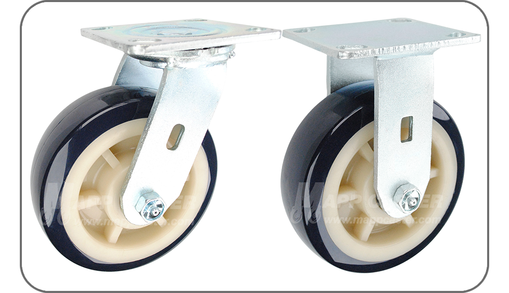 Blue Polyurethane on Polyolefin Ball Bearing Plate Casters available in Swivel & Rigid - Floor Protective, non-marking, NSF Certified, RoHS Compliant