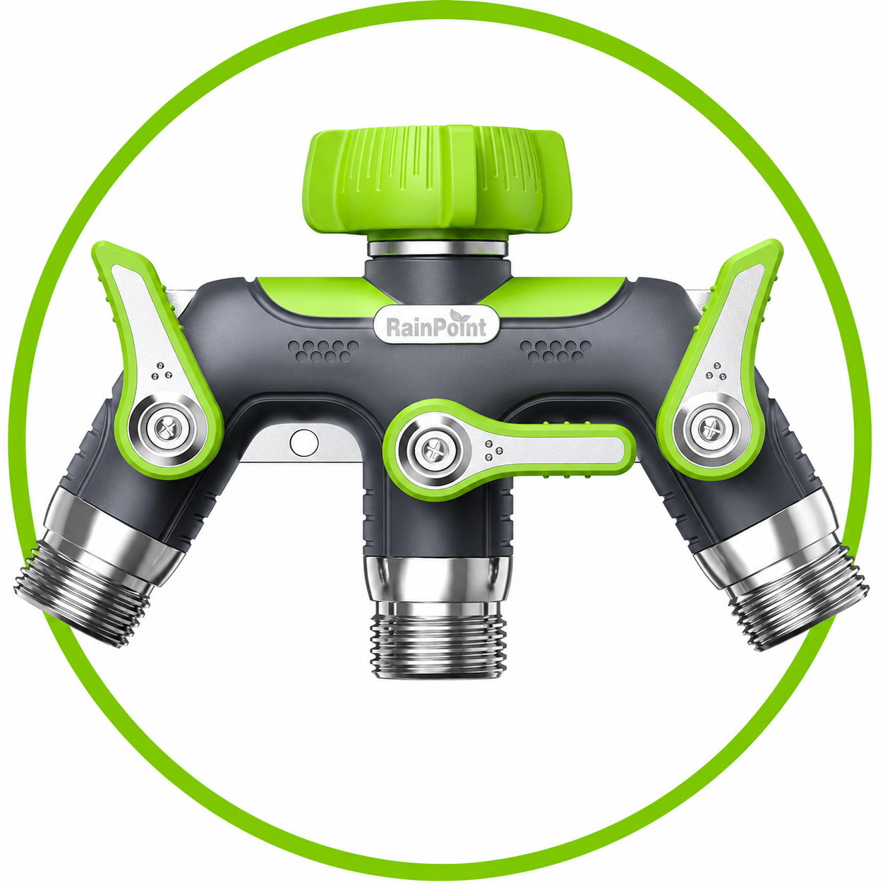 Garden hose splitter with three outlets and a green control knob.