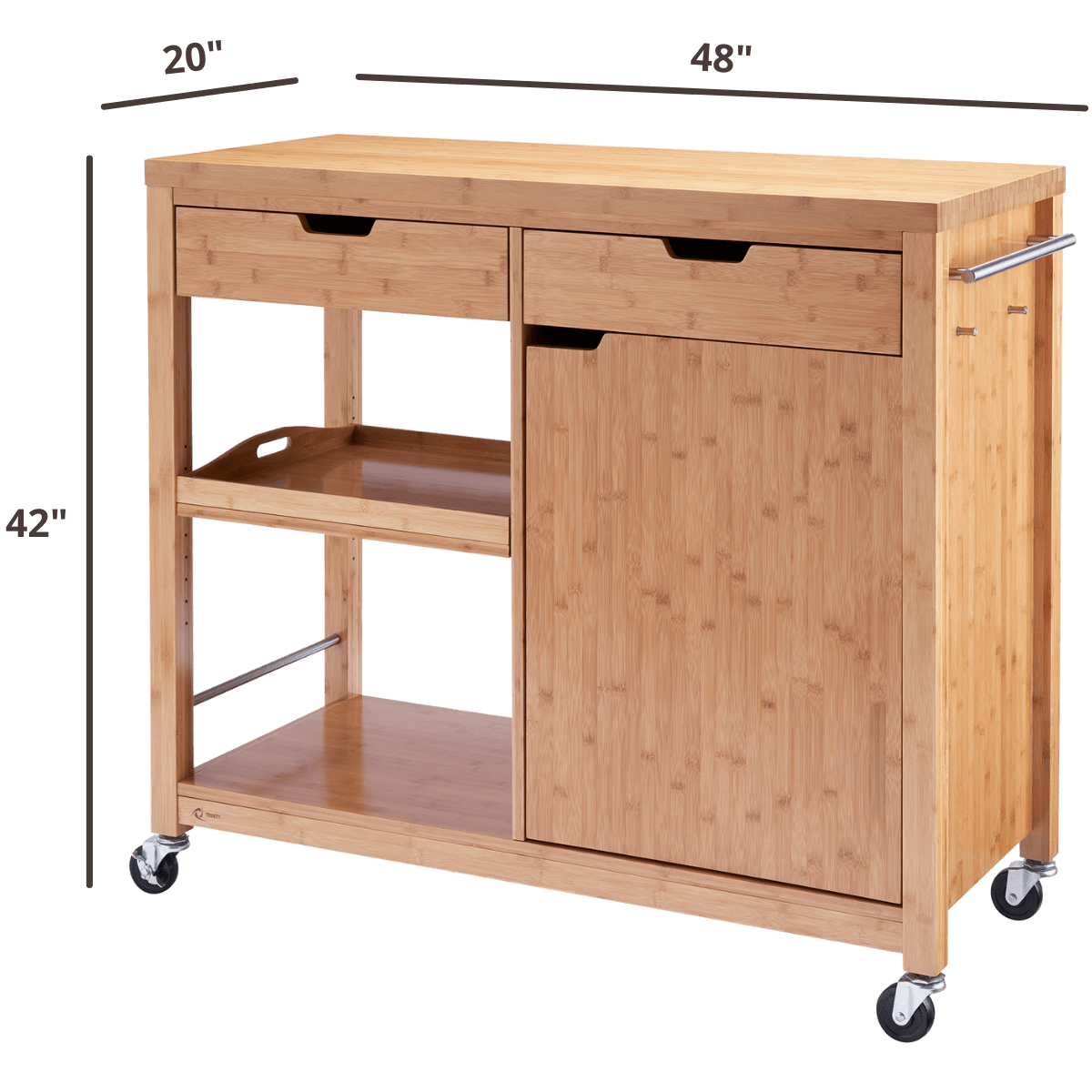 42 inches tall by 48 inches wide by 20 inches deep kitchen island