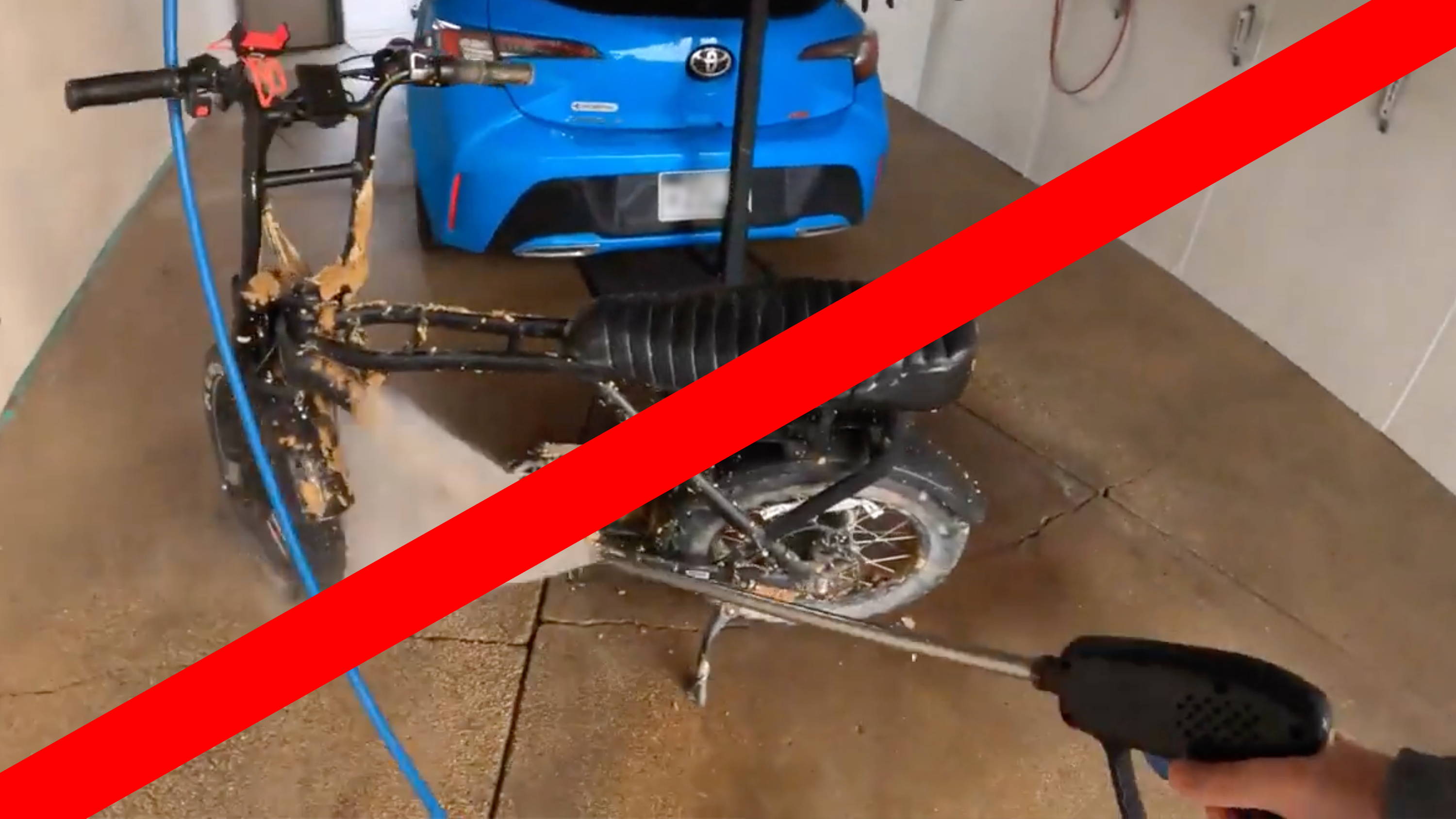 DO NOT powerwash your e-bike! The high pressure water will get inside weatherproof seals, damaging your motor, controller, screen, or battery.