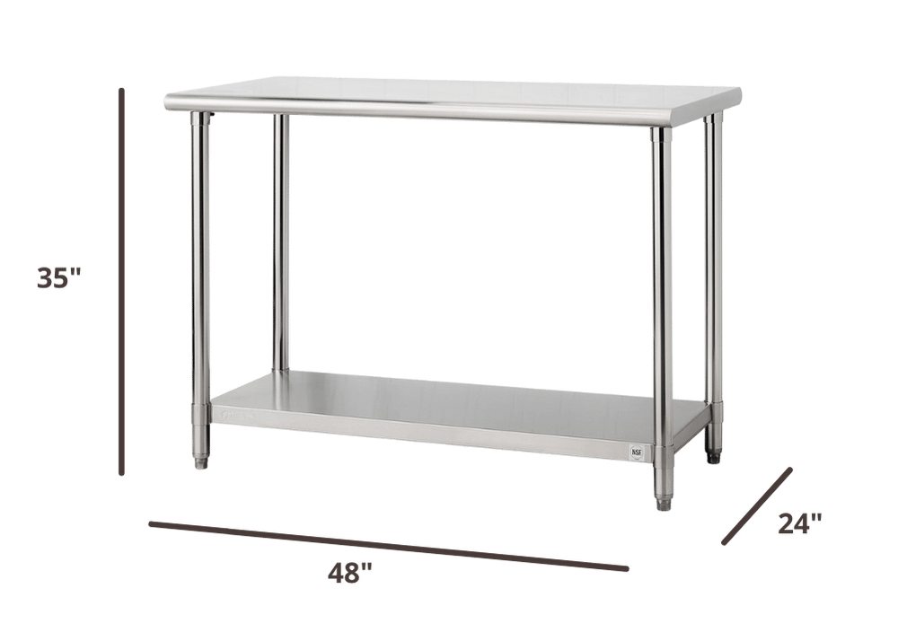 48 inches wide by 24 inches deep stainless steel prep table