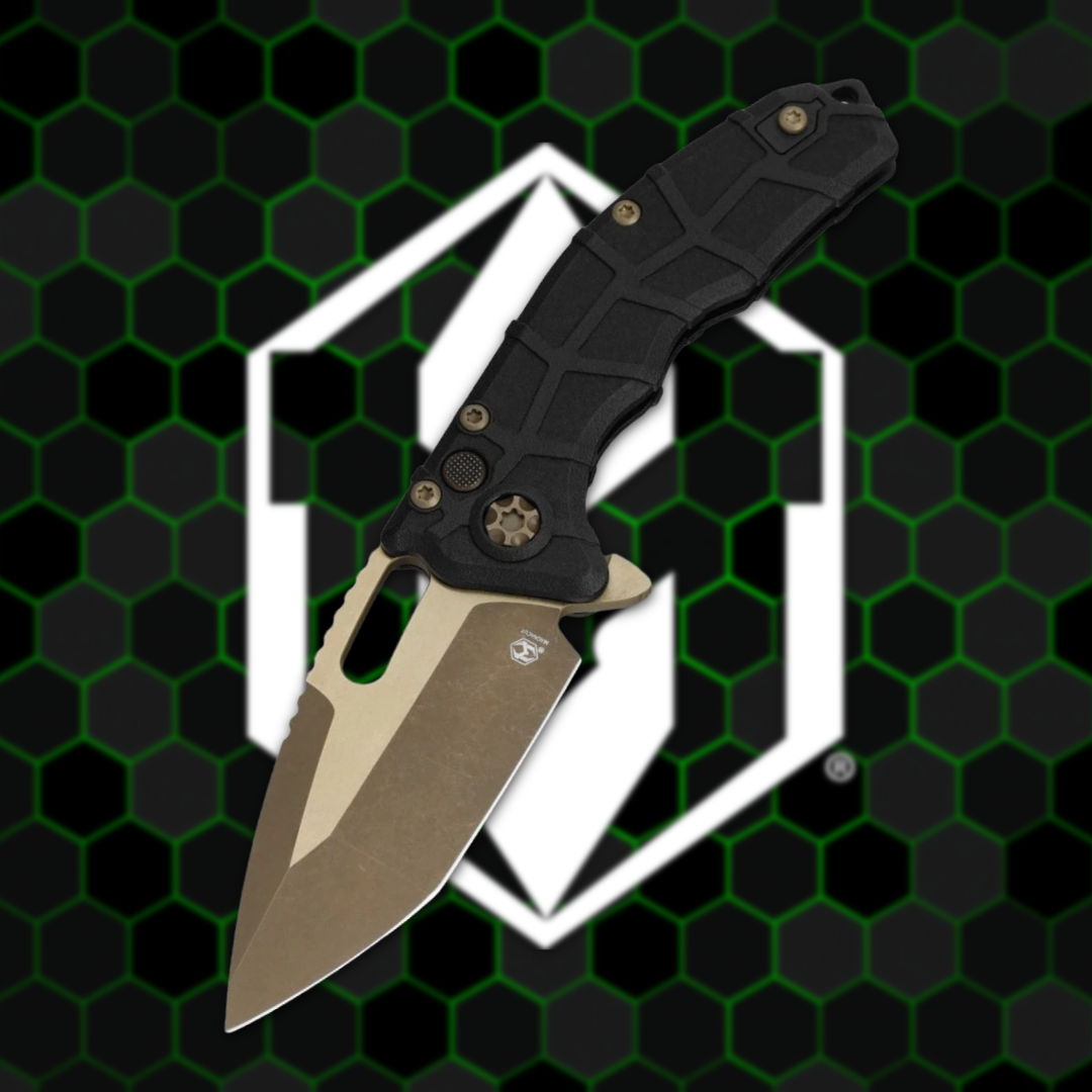 Black folding knife on a hexagonal patterned background.