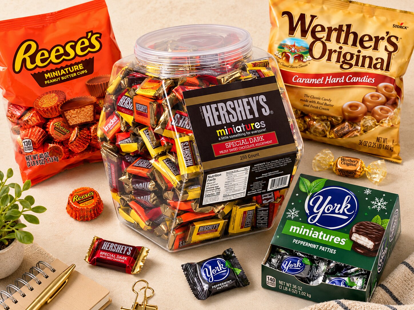 The Breakroom Restock bulk candy bundle: Hershey's Miniatures assortment, Reese's Miniature Peanut Butter Cups, Werther's Original Caramel Hard Candy, and York Peppermint Patties Miniatures
