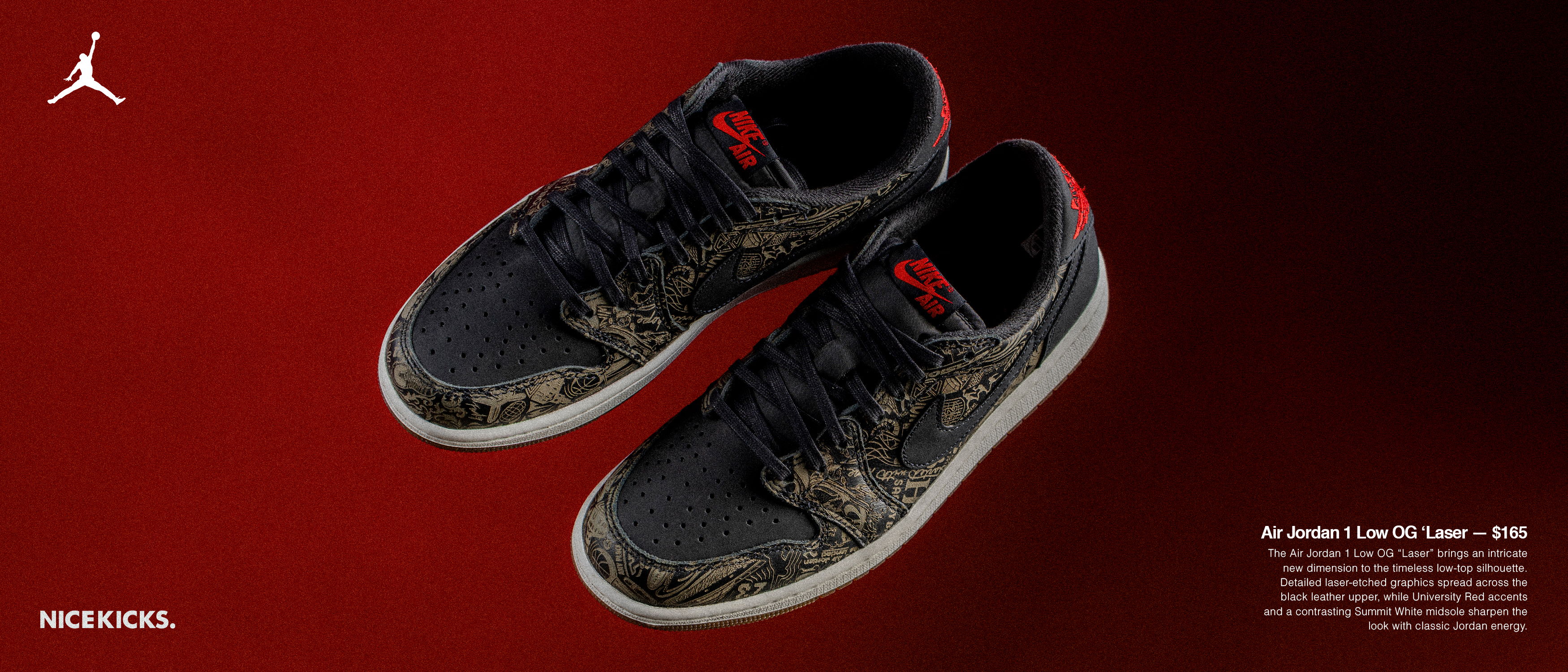 Black and red sneakers with a textured design on a gradient background.
