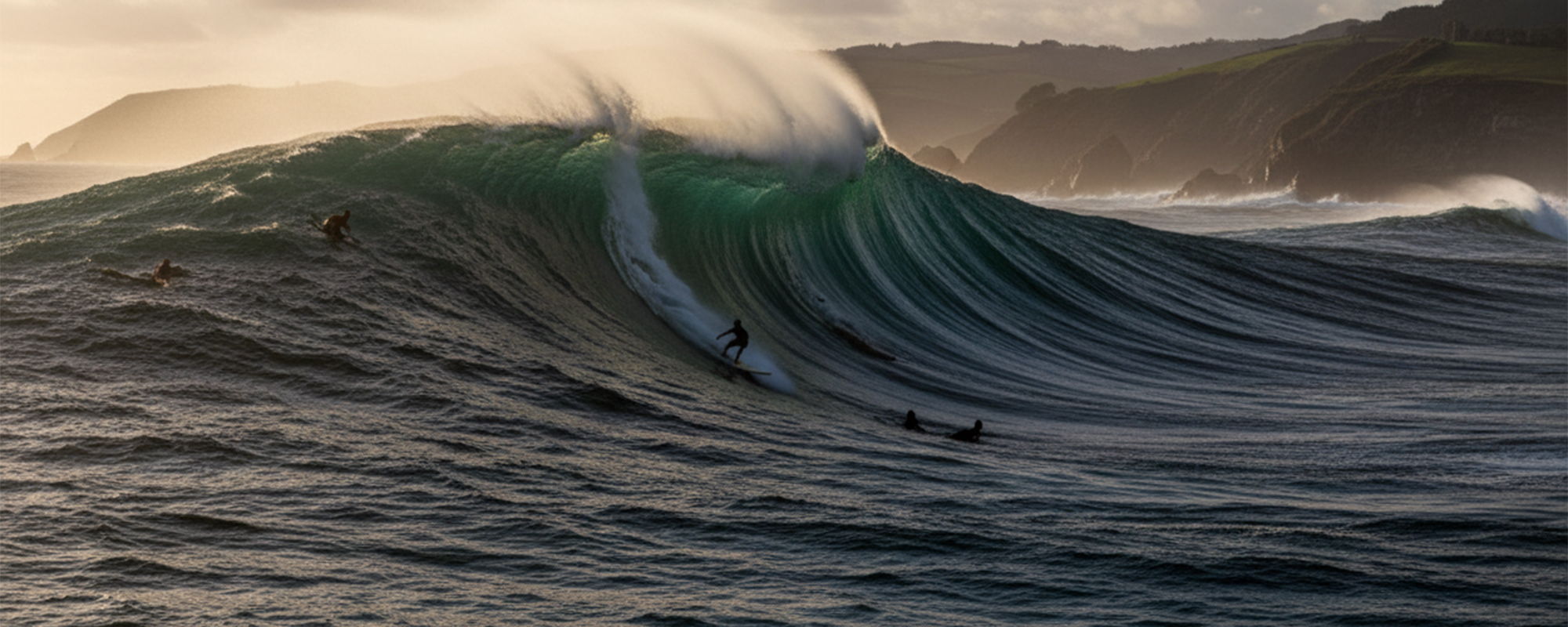Une grande vague déferlant : Belharra, la vague monumentale du Pays Basque, sur laquelle surfent des surfeurs.