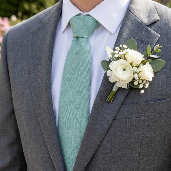 Groomsmen in a eucalyptus green textured tie with a gray suit