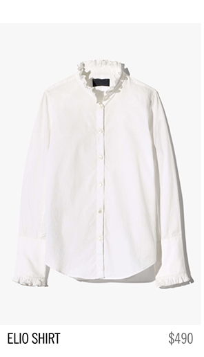 White button-up shirt with ruffled collar and cuffs, labeled 