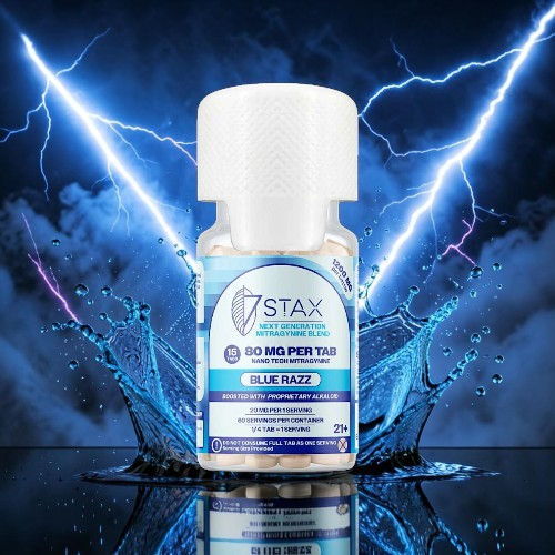Bottle of 7STAX with lightning and water effects in the background.