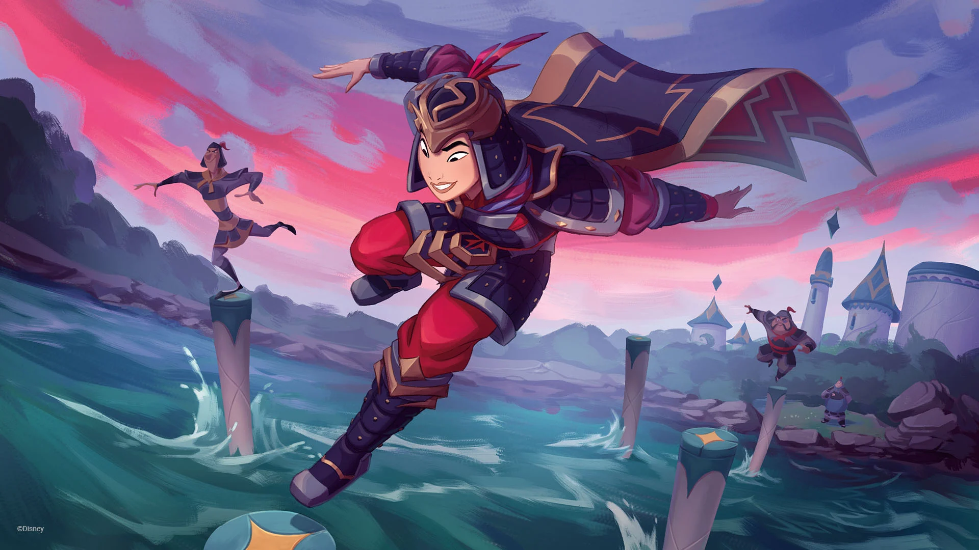 A character leaping over water with a dramatic background and floating elements.
