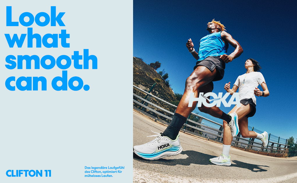 Der Hoka Clifton 11 in einem Action Werbebild von Hoka.