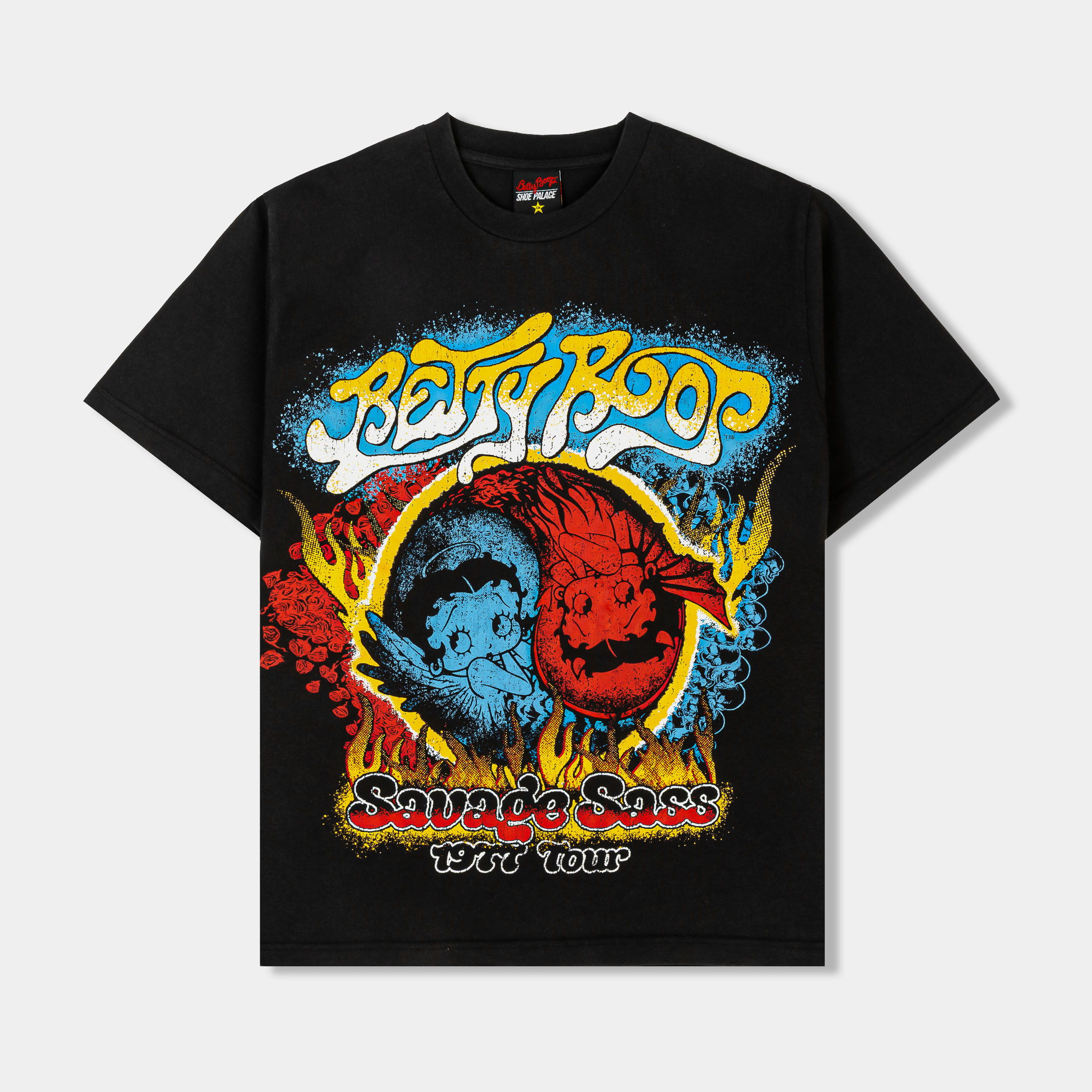 Black t-shirt featuring colorful Betty Boop graphic design.