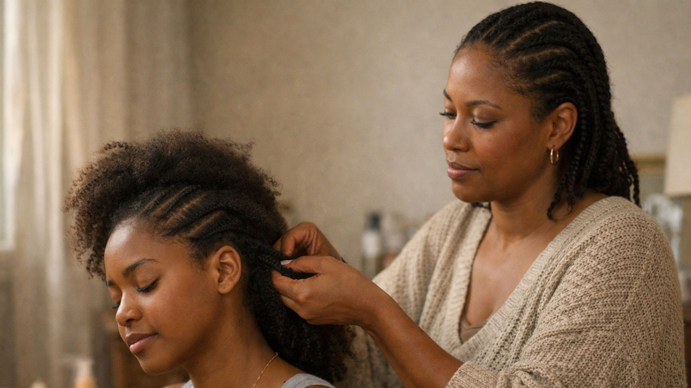 A woman styles a girl's hair in a cozy indoor setting.