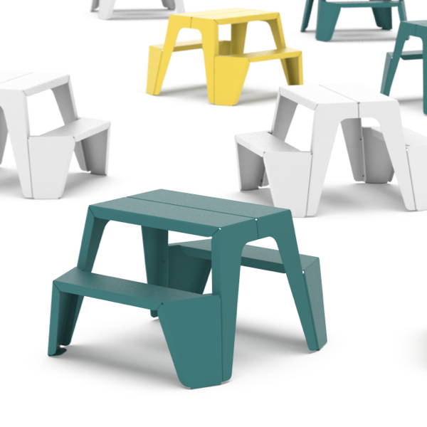 A striking and ultra-modern aluminum picnic table and bench in many colors